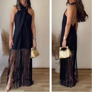 Zara Black Linen Fringe Halter Dress